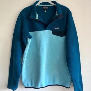 Patagonia womens fleece pullover jacket color block sky blue and navy